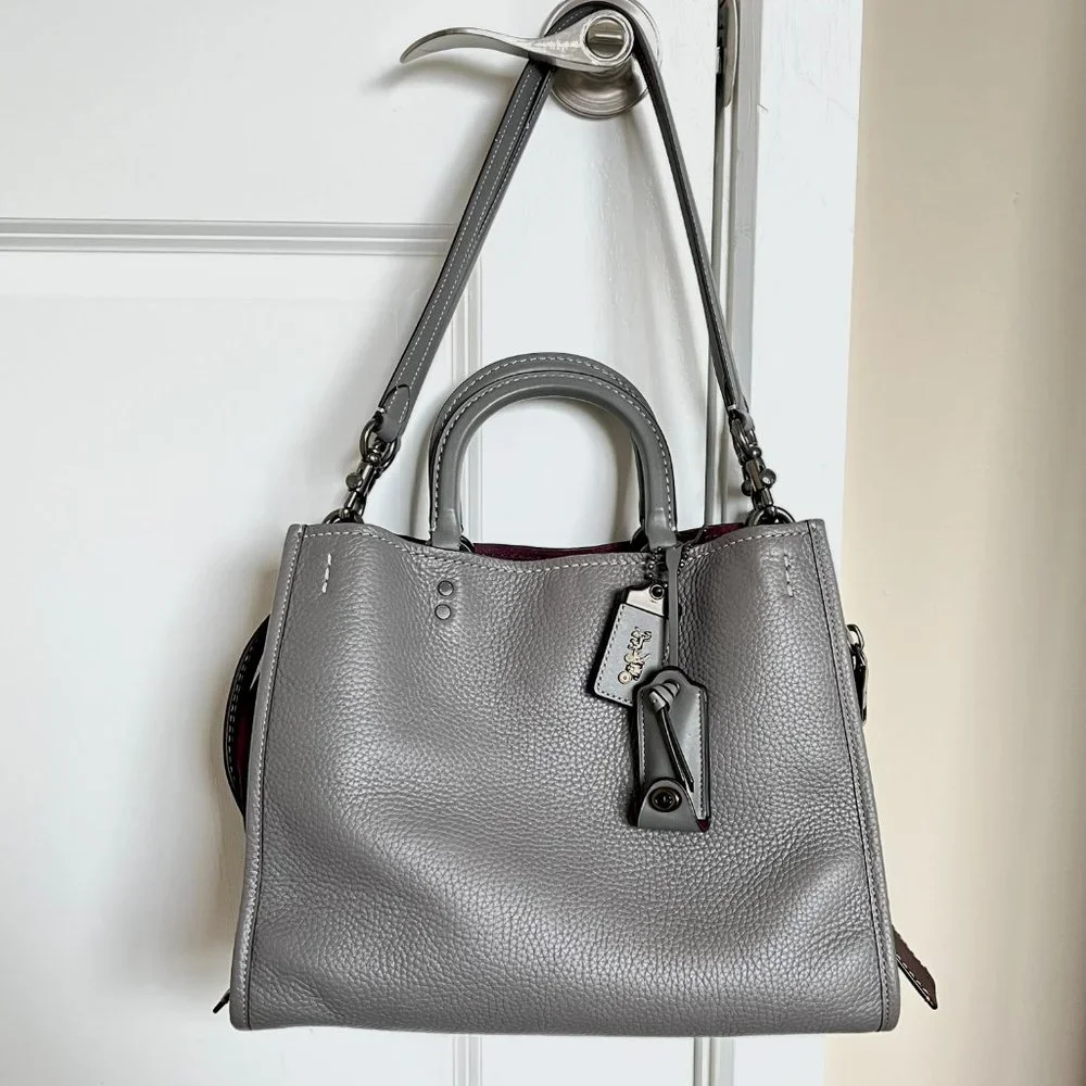 Coach Rogue 25 Grey Purple Colorblock Genuine Pebble Leather Satchels Handbags - Picture 9 of 16